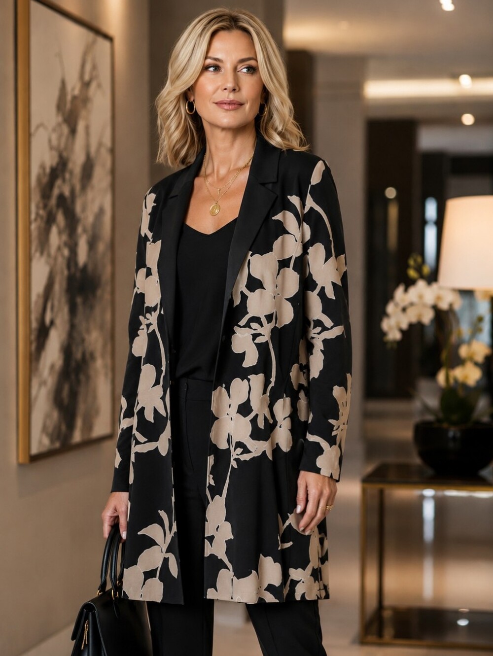 Susan Graver Black and Tan Long line Open Front Topper Jacket